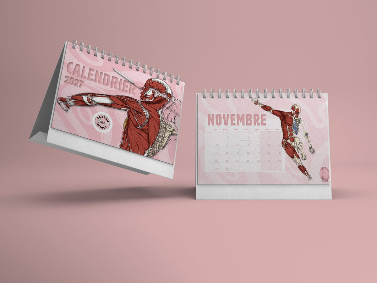 Calendrier chevalet A5 2027 En Chair et en Os, écorchés de sportifs, à poser sur un bureau